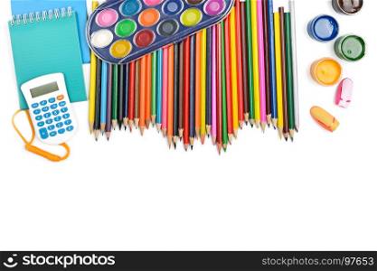 Collection of school supplies, isolated on pure white background. Free space for text. Flat lay, top view.
