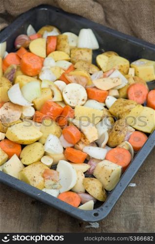 Collection of seasonal Winter vegetables in roasting tray