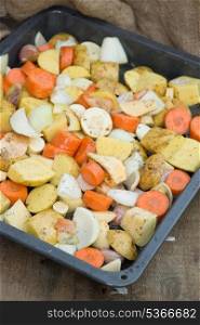 Collection of seasonal Winter vegetables in roasting tray
