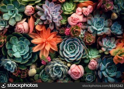 Collection of small decorative succulents, top view. Generative AI