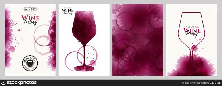 Collection of templates with wine designs. Elegant wine glass illustration. Brochure, poster, invitation card, promotion banner, menu, list, cover. Background red and rose wine stains. Vector illustration.