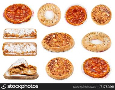 collection of various apple pies (Charlotte apple cakes, apple strudel, tarte Tatin) isolated on white background