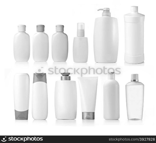 collection of various beauty hygiene containers on white background. each one is shot separately