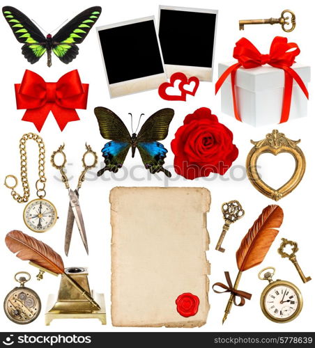 collection of various objects for scrapbook. paper page, antique clock, key, postcard, photo frame, feather pen, inkwell, glasses, compass, scissors, flower, butterfly, red ribbon bow, gift box