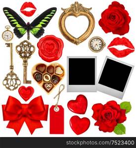 Collection of various objects for Valentines Day scrapbook. Red hearts, lips kiss, photo frame, rose flower
