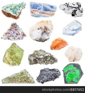 collection of various raw mineral crystals - uvarovite, vesuvianite, idocrase, vesuvian, galena, hematite, chabazite, anapaite, tamanite, kyanite, disthene, miserite, thomsonite, celestine, etc