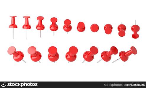 Collection of various red push pins. Thumbtacks on white backgro. Collection of various red push pins. Thumbtacks on white background, 3d illustration. Collection of various red push pins. Thumbtacks on white background, 3d illustration
