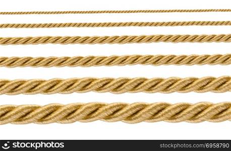 collection of various ropes string on white background. collection of various ropes