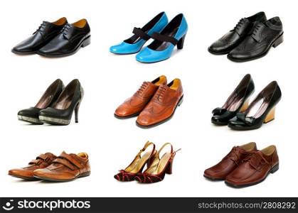 Collection of various shoes isolated on white