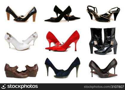 Collection of various shoes isolated on white