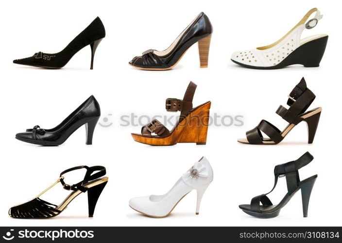 Collection of various shoes isolated on white