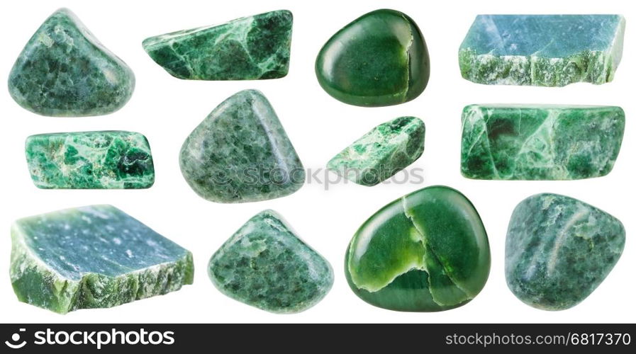 collection of various tumbled green jade mineral stones (nephrite and jadeite) isolated on white background