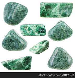 collection of various tumbled green jadeite mineral stones isolated on white background