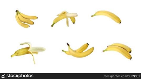 Collection of various yellow bananas isolated on white background