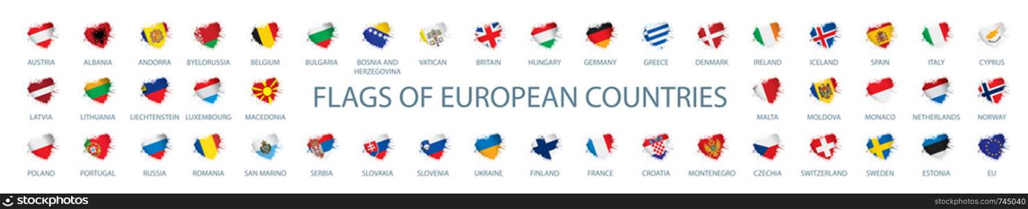 Collection of vector flags of Europe in the form of hearts.. Collection of vector flags of Europe in the form of hearts
