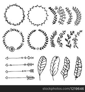 Collection of vector hand drawn design elements. Sketch doodle wreaths, borders, arrows.