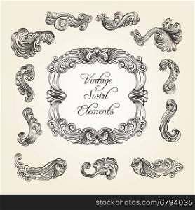 Collection of vintage flourishes and swirls. Scroll elements for frame corner and divider design. Vector illustration.