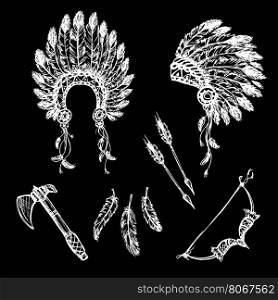 Collection of vintage hand drawn design elements: peace pipe, Indian hat, dream catcher, ax, feathers. White on black. Vector illustration