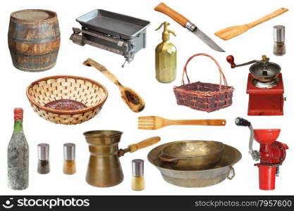 collection of vintage kitchen objects isolated over white background
