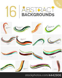 Collection of wave abstract backgrounds. Collection of wave abstract backgrounds - color curve stripes and lines in various motion concepts and with light and shadow effects. Presentation banner and business card message design template set.