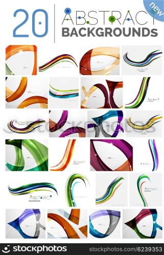 Collection of wave abstract backgrounds. Collection of wave abstract backgrounds - color curve stripes and lines in various motion concepts and with light and shadow effects. Presentation banner and business card message design template set.