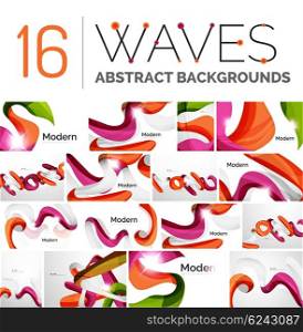 Collection of wave abstract backgrounds. Collection of wave abstract backgrounds - color curve stripes and lines in various motion concepts and with light and shadow effects. Presentation banner and business card message design template set.