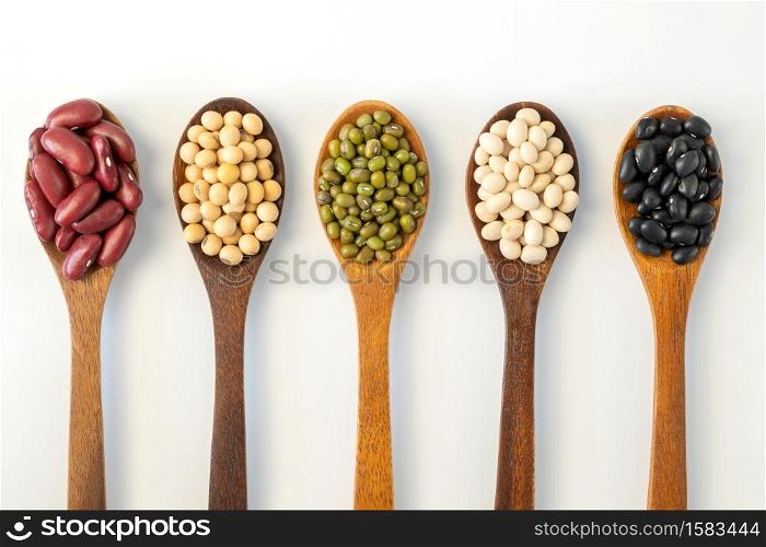 Collection of whole grains seeds isolated on white background. Healthy diet raw ingredients.. Collection of whole grains seeds isolated on white background.