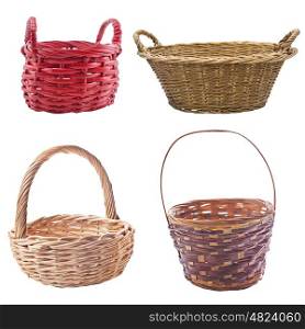 Collection of wicker baskets isolated on white background