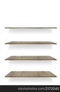 collection of wooden shelves on white background arranged in A4 format for the convenience of your design