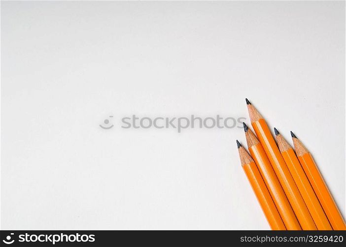 Collection of yellow pencils on a white background.