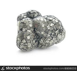 Collection specimen of pyrite mineral (fools gold), where cubic crystals grow into spherical clusters, isolated on white background
