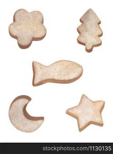 Collection with cute homemade cookies. Beautiful delicate acrylic drawing. Cozy baking isolated on a white background. Gingerbread cookies of different shapes. Set of elements for design.