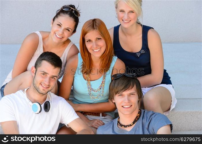 College international student friends smiling group teenagers summer time portrait