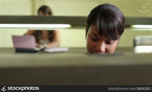 College library and female student, young african american woman studying with books at university. Sequence