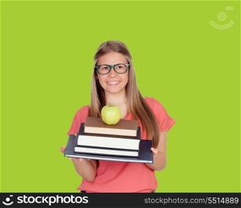 College student charged with books on green background