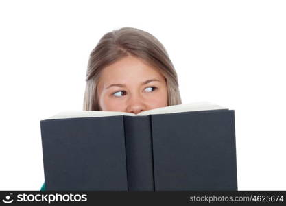 College student reading a book isolated on white background