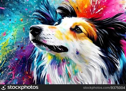 Collie dog with paint splashes. Generative AI illustration