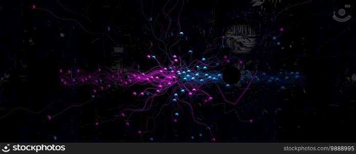 Collision of blue and red spherical particles leaving traces of movement lines on a dark metallic background. 3d illustration. Clash of blue and red particles leaving traces of movement on a dark metallic background. 3d illustration