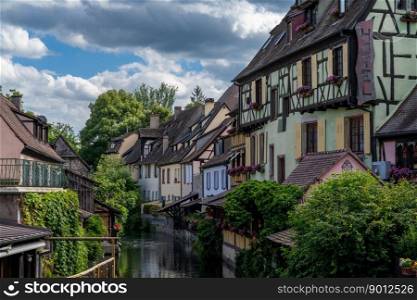 Colmar, France - 29 May, 2022: the Little Venice district in historic Colmar with its canals and colorful historic half-timbered houses