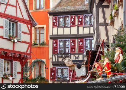 Colmar. Old half-timbered houses.. Medieval multicolored half-timbered houses on canals on Christmas Day. Colmar. France. Alsace.