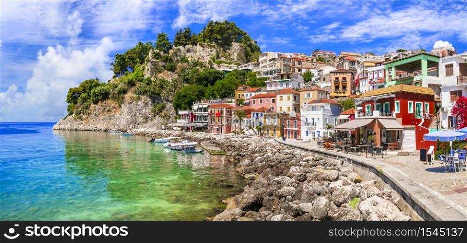 Coloful beautiful town Parga - perfect getaway in Ionian coast of Greece, popular tourist attraction and summer holidays in Epirus. Greece - best places in Ionian coast. Parga town