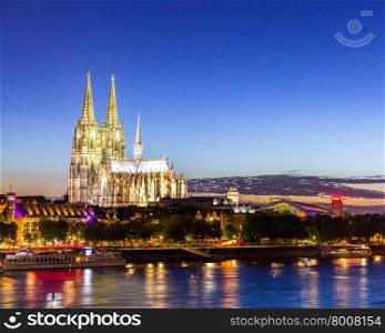 Cologne Cathedral along river rhine Germany.