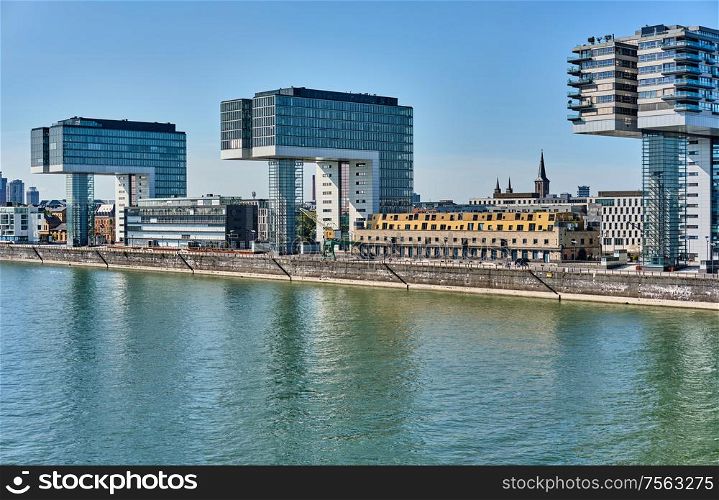 Cologne cityscape. Kranhaus building complex with crane house on riverside of Rhein in Cologne, Germany.