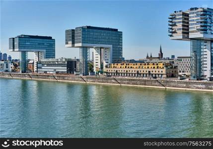 Cologne cityscape. Kranhaus building complex with crane house on riverside of Rhein in Cologne, Germany.