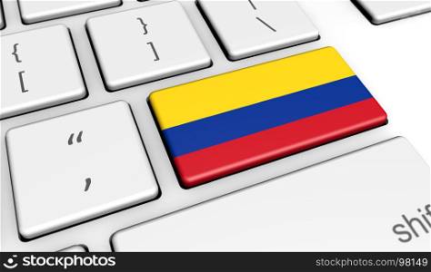 Colombia digitalization and use of digital technologies concept with the Colombian flag on a computer keyboard 3D illustration.