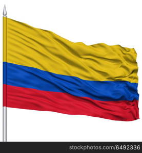 Colombia Flag on Flagpole , Flying in the Wind, Isolated on White Background
