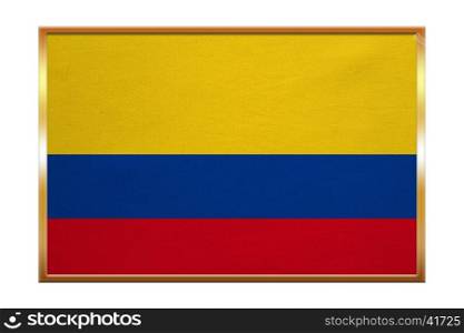 Colombian national official flag. Patriotic symbol, banner, element, background. Correct colors. Flag of Colombia , golden frame, fabric texture, illustration. Accurate size, color