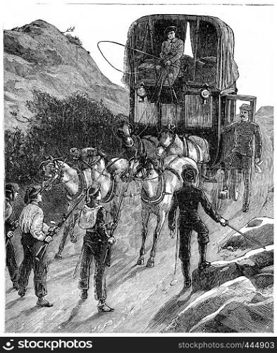 Colonel Burnaby arriving at the outposts Carlists, vintage engraved illustration. Journal des Voyages, Travel Journal, (1880-81).