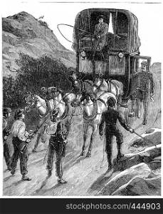 Colonel Burnaby arriving at the outposts Carlists, vintage engraved illustration. Journal des Voyages, Travel Journal, (1880-81).