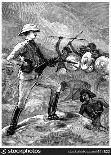 Colonel Burnaby at the Second Battle of teb, vintage engraved illustration. Journal des Voyages, Travel Journal, (1880-81).